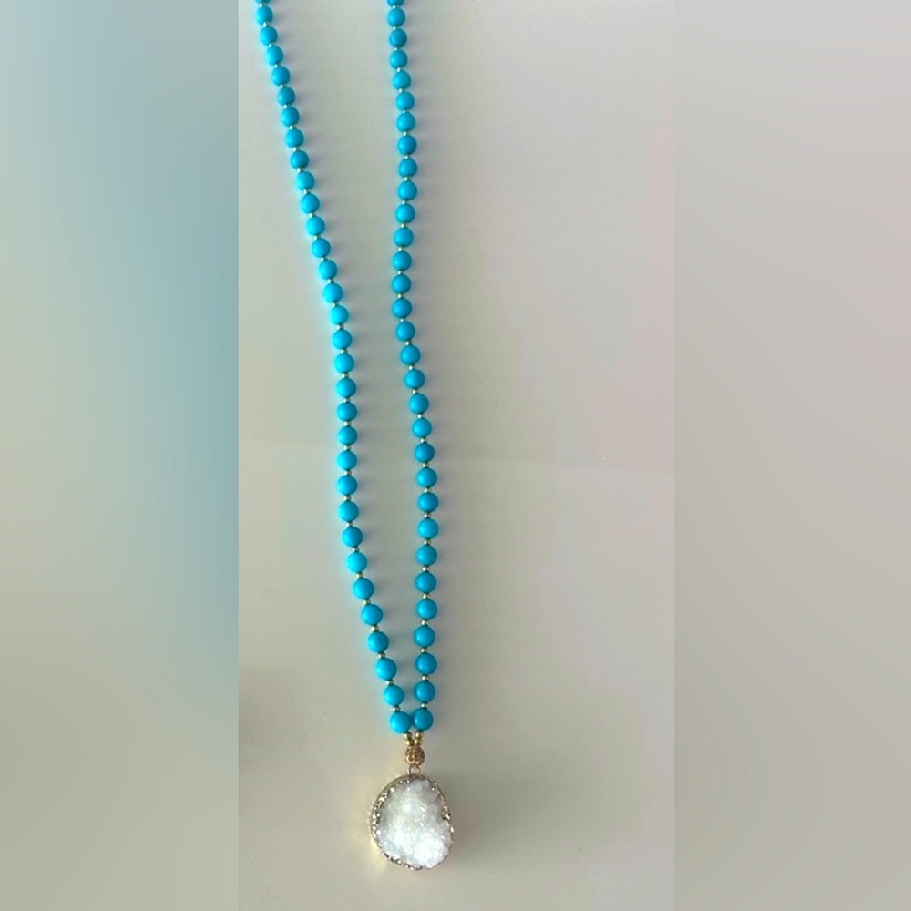 Blue Beaded Long Statement Necklace w White Stone Crystal Pendant 17” long